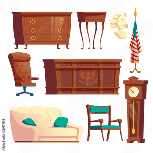 White House Oval Office Wooden Furniture Cartoon Vector Set