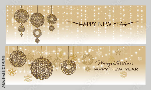 Two New Year banners in gold. Merry Christmas and Happy New Year. Backgrounds...