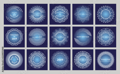 Set of circular Christmas ornaments. Border made of lines and dots. Geometric...