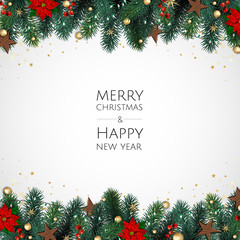 merry christmas and happy new year. xmas background with gift box, snowflakes and balls design.