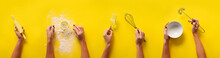 Female Hands Holding Kitchen Tools, Sieve, Rolling Pin, Bowl, Sieve, Brush, Whisk, Spatula For Baking And Cooking Over Yellow Background. Food Frame, Bake Concept With Copy Space