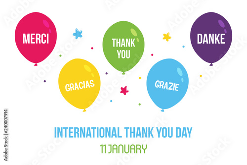 Fotografija International thank you day illustration, card with cute colorful balloons with words of appreciation in different languages