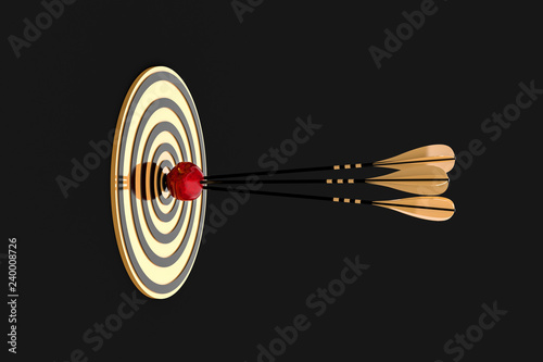 Foto three arrows piercing an apple at a golden target on a black background