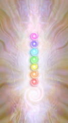 Canvas Print - Kundalini stack of spiralling Chakras - against a pink gold radiating ethereal energy field seven rainbow coloured vortexing chakras above a kundalini spiral energy formation
