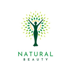 Silhouette figure, sun, and leaves for Awakening Empowering Wellness Woman relationship with Nature Logo design