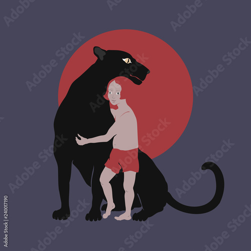 Cuadros en Lienzo Cartoon with little boy and black leopard.