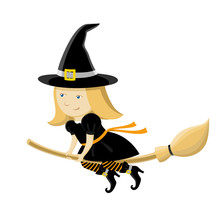 Design Elements For Halloween. Halloween Symbols. Little Girl Witch With A Broom On A White Background