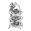Afternoon tea high stand with sweets. Sketch. Engraving style. Vector illustration.