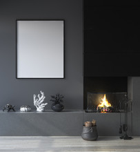 Mock Up Poster Frame In Dark Interior Background With Fireplace, 3d Render