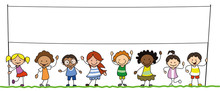 Multiethnic Group Of Kids Holding Blank Banner Illustration  
