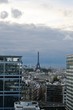 Panorama city view of Paris, Eiffel tower, taken from tradition french style room, statue