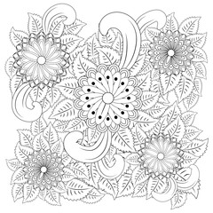  Black and white circle flower ornament, ornamental round lace design. Floral mandala.