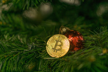 Bitcoin And Christmas, New Year Gold Bitcoin. Cryptocurrency Bitcoin On A Christmas Tree