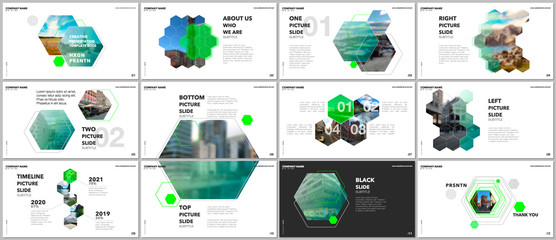 Wall Mural - Minimal presentations design, portfolio vector templates with hexagons and hexagonal elements. Multipurpose template for presentation slide, flyer leaflet, brochure cover, report, advertising.