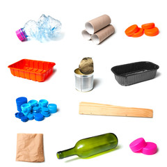 set of various objects for recycling on white background