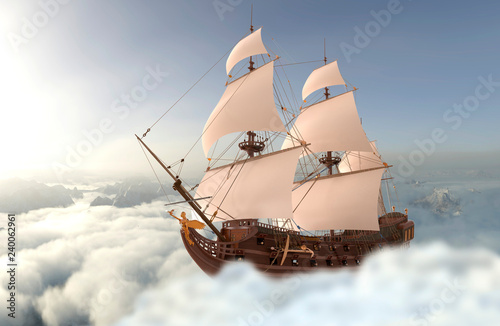 Sailboat flying above the clouds 3d illustration