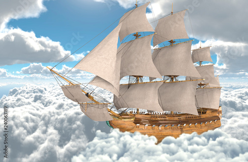 Sailboat flying above the clouds 3d illustration