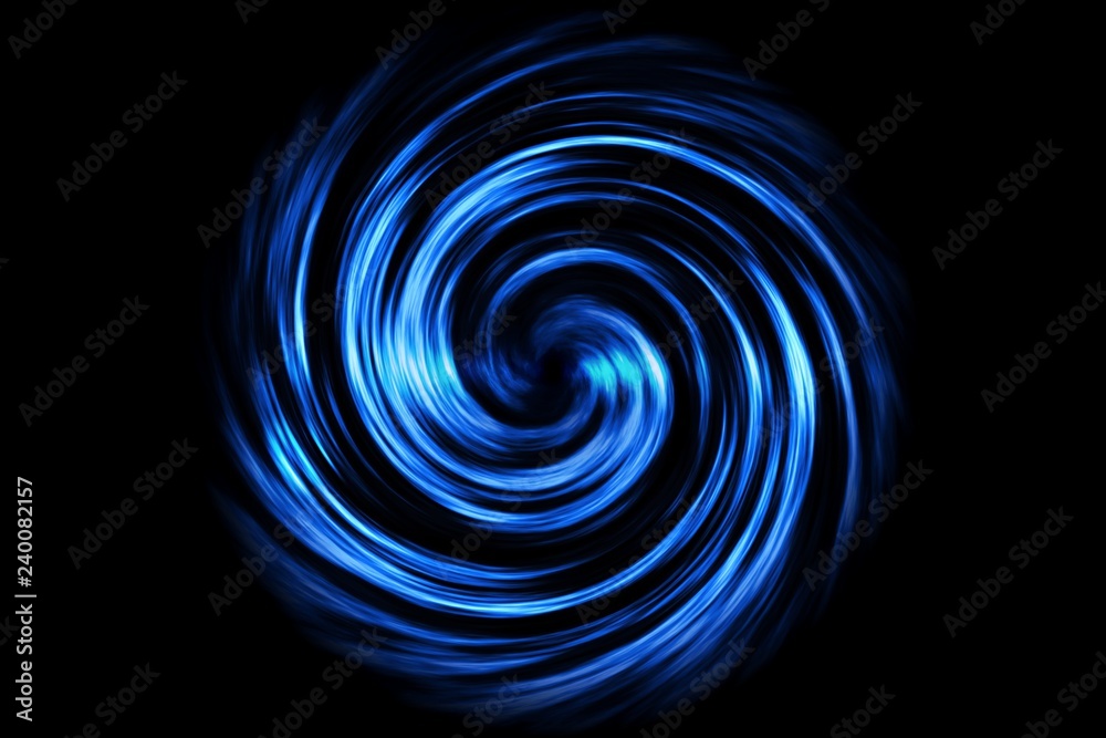 Glowing spiral tunnel with blue smoke on black background - obrazy, fototapety, plakaty 