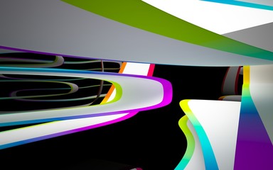 Abstract dynamic interior with colored gradient smooth objects and black room . 3D illustration and rendering