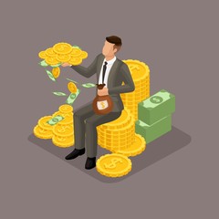 Poster - Trendy Isometric people, 3d businessman, concept with young businessman, money, profit, gold, saving money, investing money, management isolated