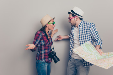 Wall Mural - Portrait of two attractive puzzled people husband wife wearing c