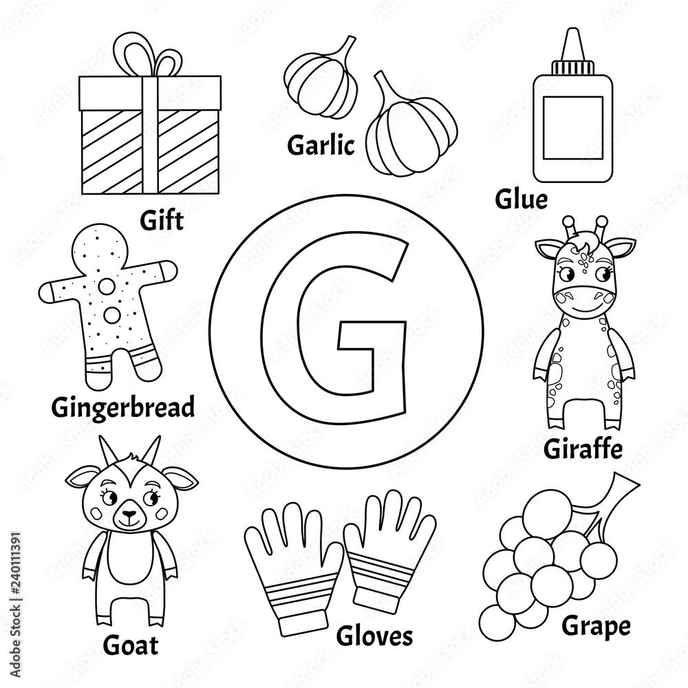Vector cute kids animal alphabet. Letter G. Set of cute cartoon  illustrations. Coloring page. Stock Vector | Adobe Stock, image size:1000x1000