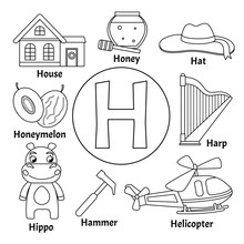 Vector Cute Kids Animal Alphabet. Letter H. Set Of Cute Cartoon Illustrations. Coloring Page.