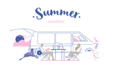 Young People On Road Trip On A Summer's Day. Hipster Friends Sitting Camper Van With A Dog And Surfboards. Vector Flat Concept Illustration On The Theme Of Summer Vacation On Beach Featuring Retro Bus