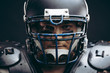 © alfa27 - Headshot of handsome american football team quarterback wearing protective armour on shirtless torso, looking confidently through his helmet, isolated over dark studio background.