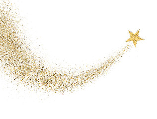 star dust trail with glitter sparkling particles on white background. gold glittering space comet ta