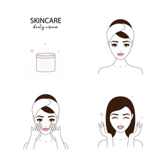 Wall Mural - Beautiful woman take care about her face. Illustrated steps how to apply a daily cream. Isolated lined illustrations set