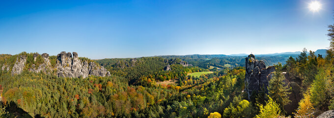 Wall Mural - Aerial panoramic view of the Saxon Switzerland National Park, Germany, (German: Nationalpark Sächsische Schweiz) from the Bastei Mountain Range.