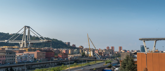 Genoa (Genova), Italy, what is left of collapsed Morandi Bridge (Polcevera viaduct) connecting A10 motorway after structural failure causing 43 casualties on August 14, 2018