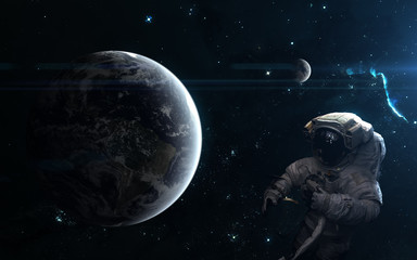 Wall Mural - planet earth and the moon. astronaut, space landscape. science fiction art. elements of the image we
