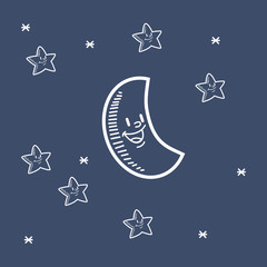 Wall Mural - smiling moon with stars doodle drawing image 