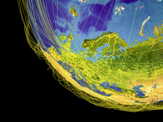 Wall Mural - Europe from space with visible country borders and global connections representing communication or air travel.