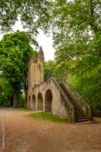 Fotografie, Obraz Park behind Speyer Cathedral with old city fortification and tower, Speyer, Germ