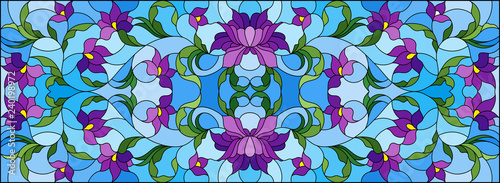 Dekoracja na wymiar  ilustracja-w-stylu-witrazu-z-przeplatanymi-fioletowymi-kwiatami-i-liscmi-na-niebieskim-tle