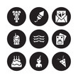 © CoolVectorStock - 9 vector icon set : Bouquet, birthday rocket, Birthday cake, card, Flag, invitation, girl, boy isolated on black background
