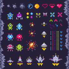 Retro Space Arcade Game. Invaders Spaceship, Pixel Invader Monster And Retro Video Games Pixel Art Isolated Objects Illustration Set