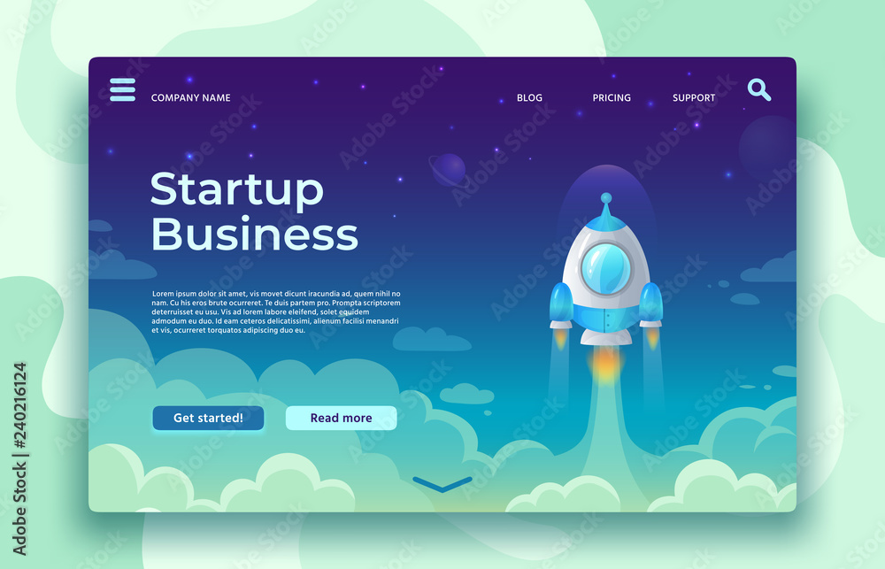 Startup launch landing page. Rocket launch, easy business start and futuristic space travel vector concept illustration - obrazy, fototapety, plakaty 