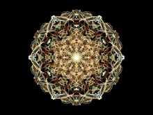 Brown And Sand Abstract Flame Mandala Flower, Ornamental Floral Round Pattern On Black Background. Yoga Theme.