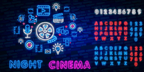 Cinema night set neon sing, label and logo. Cinema banner Design template, logo, emblem and label. Bright signboard, nightly bright advertising. Movie logo. Vector illustration