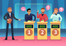 Game Quiz Show. Clever Young People Playing Television Quiz With Showman, Trivia Game Tv Competition. Cartoon Design