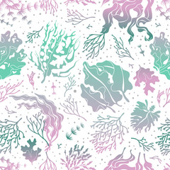 Wall Mural - Seaweed seamless pattern. Marine plants silhouette texture. Sea kelp endless vector wallpaper