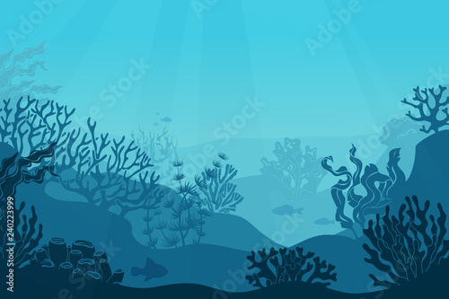 Dekoracja na wymiar  podwodny-krajobraz-dno-morskie-obszar-podmorski-porosniety-wodorostami-ciemna-slonowodna-z-sylwetkami-korali