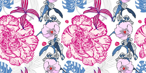 Canvas Print - seamless flower pattern, realistic floral sketch drawing