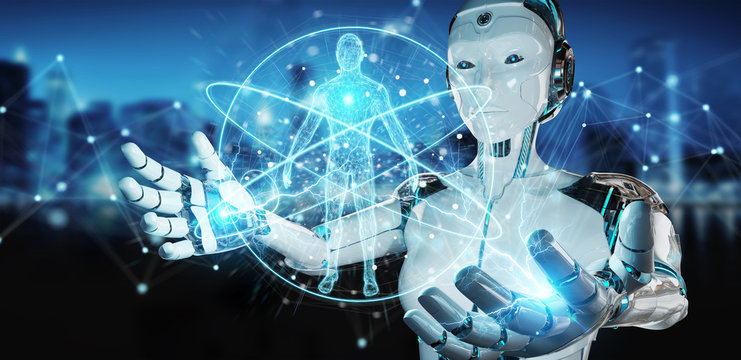 White woman robot scanning human body 3D rendering