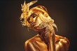 © Subbotina Anna - Fashion gold model woman with bright golden sparkles on skin posing, fantasy flower. Portrait of beautiful girl with glowing makeup. Glitter glowing skin, jewellery