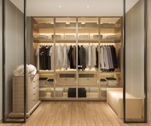 3d Rendering Luxury Scandinavian Wood Walk In Closet With Wardrobe